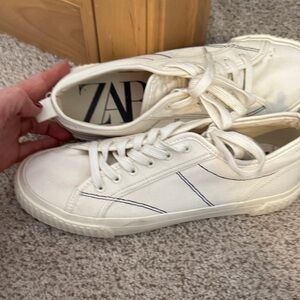 Zara Off-White Canvas Lace-Up Sneakers